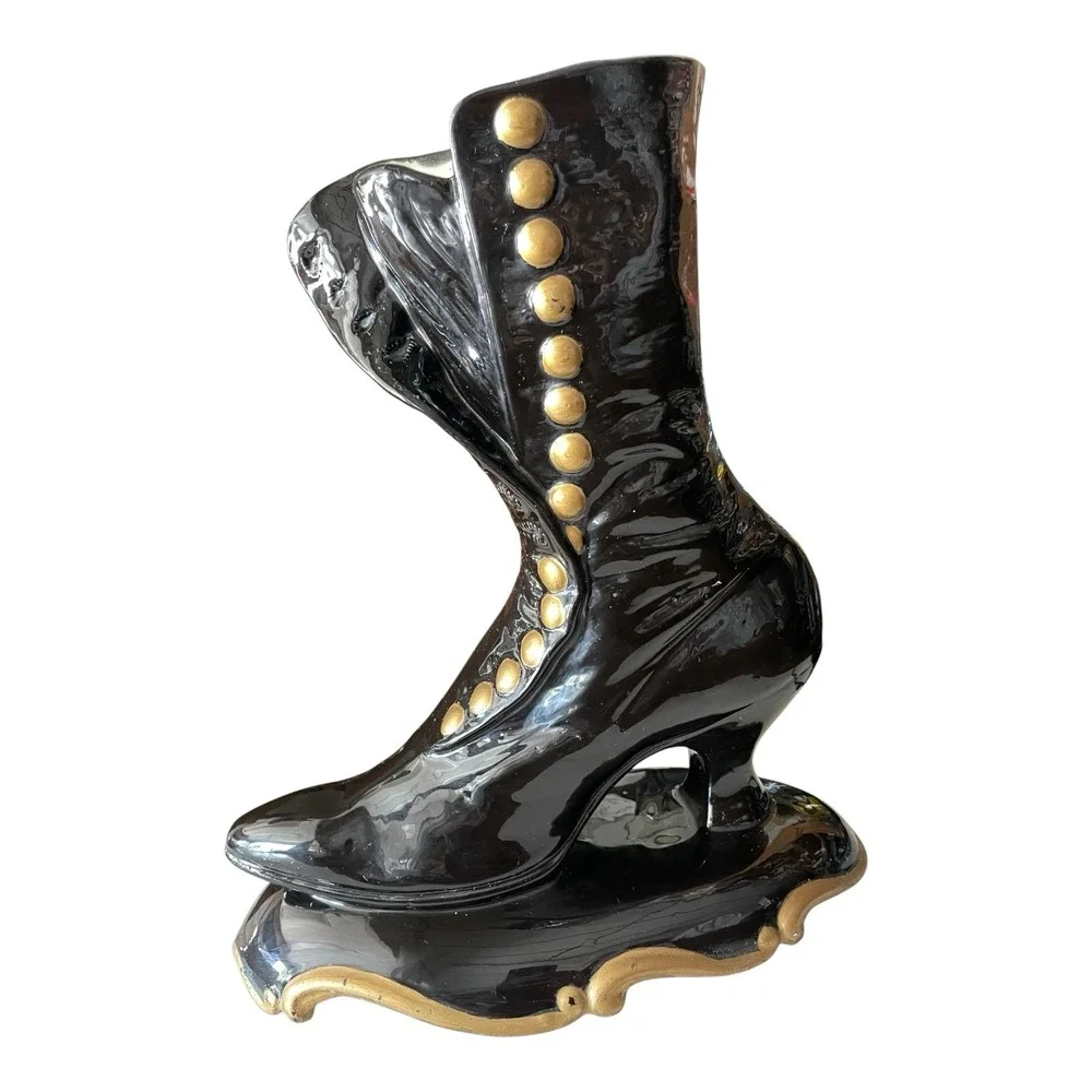 Atlantic Mold Victorian Black And Gold High Top Button Boot Vase Planter